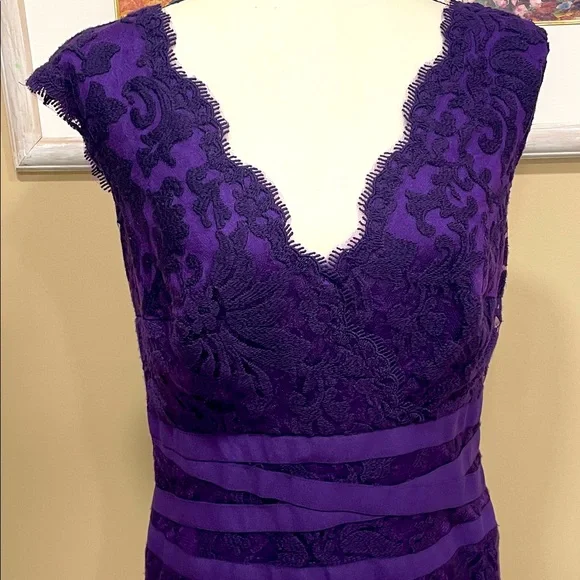 Tadashi Shoji Embroidered, Purple Lace V Neck Sheath Cocktail Dress Size 10